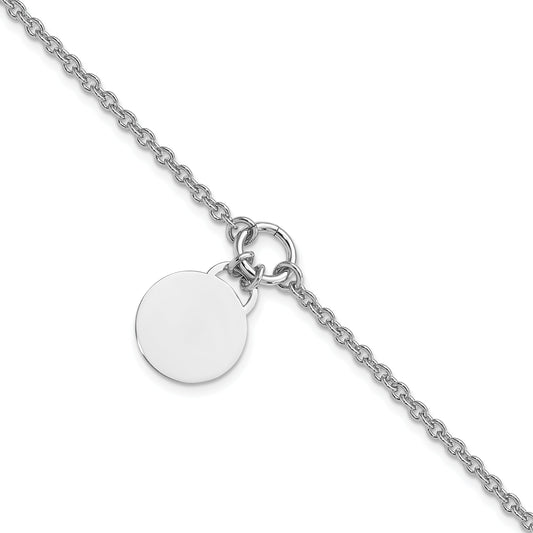 Sterling Silver Rhodium-Plated Engravable Disc W/1In Ext Bracelet