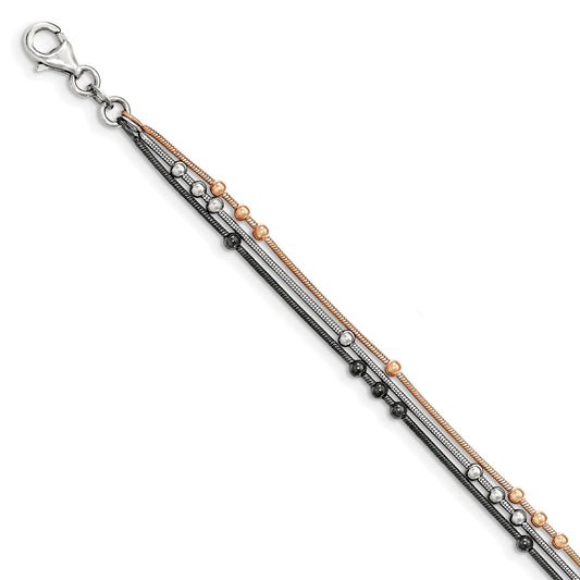 7.5 Inch Sterling Silver Rose-Tone/Ruthenium-Plated Bracelet W/1 Ext.