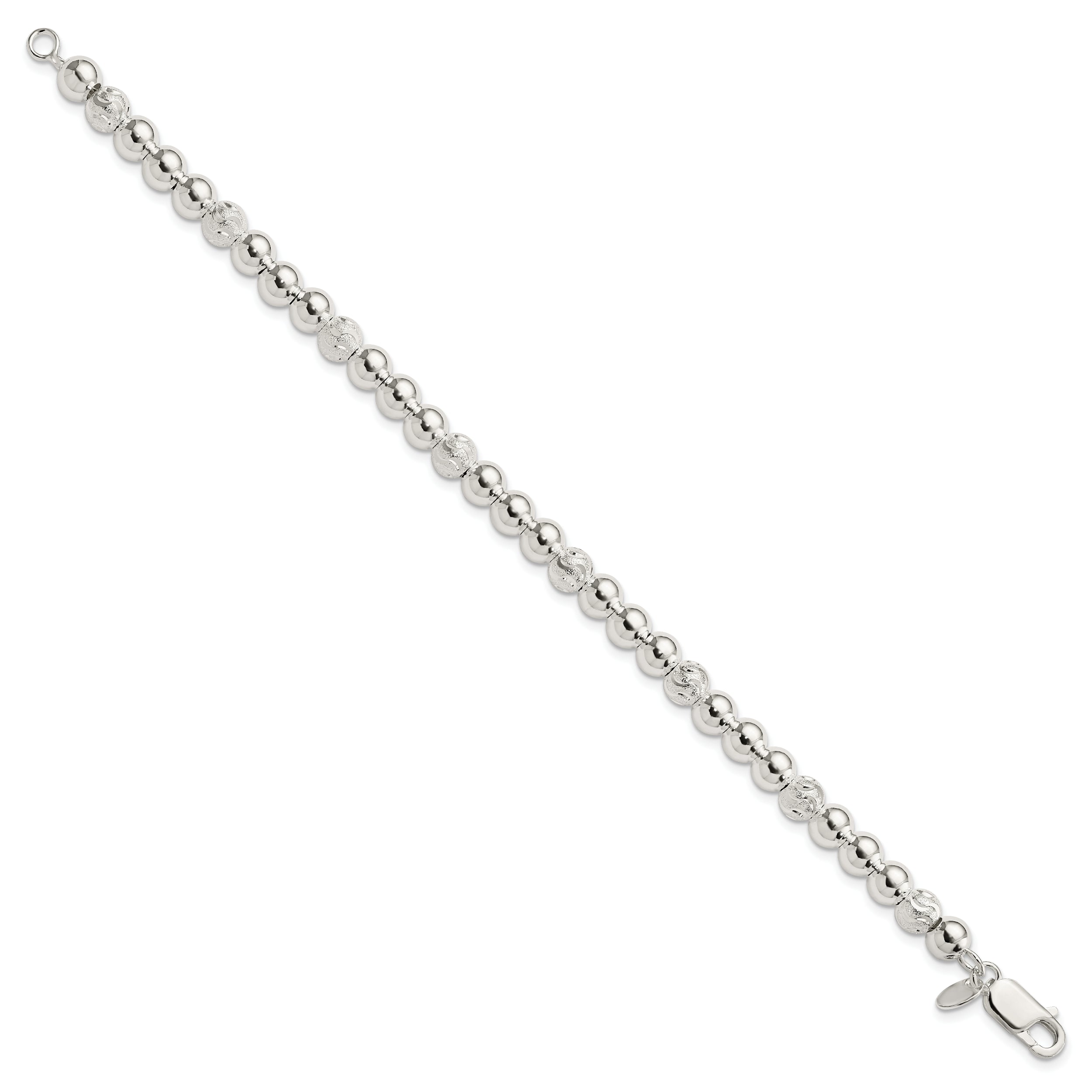 7.5 Inch Sterling Silver Polished Diamond-Cut Beaded Bracelet