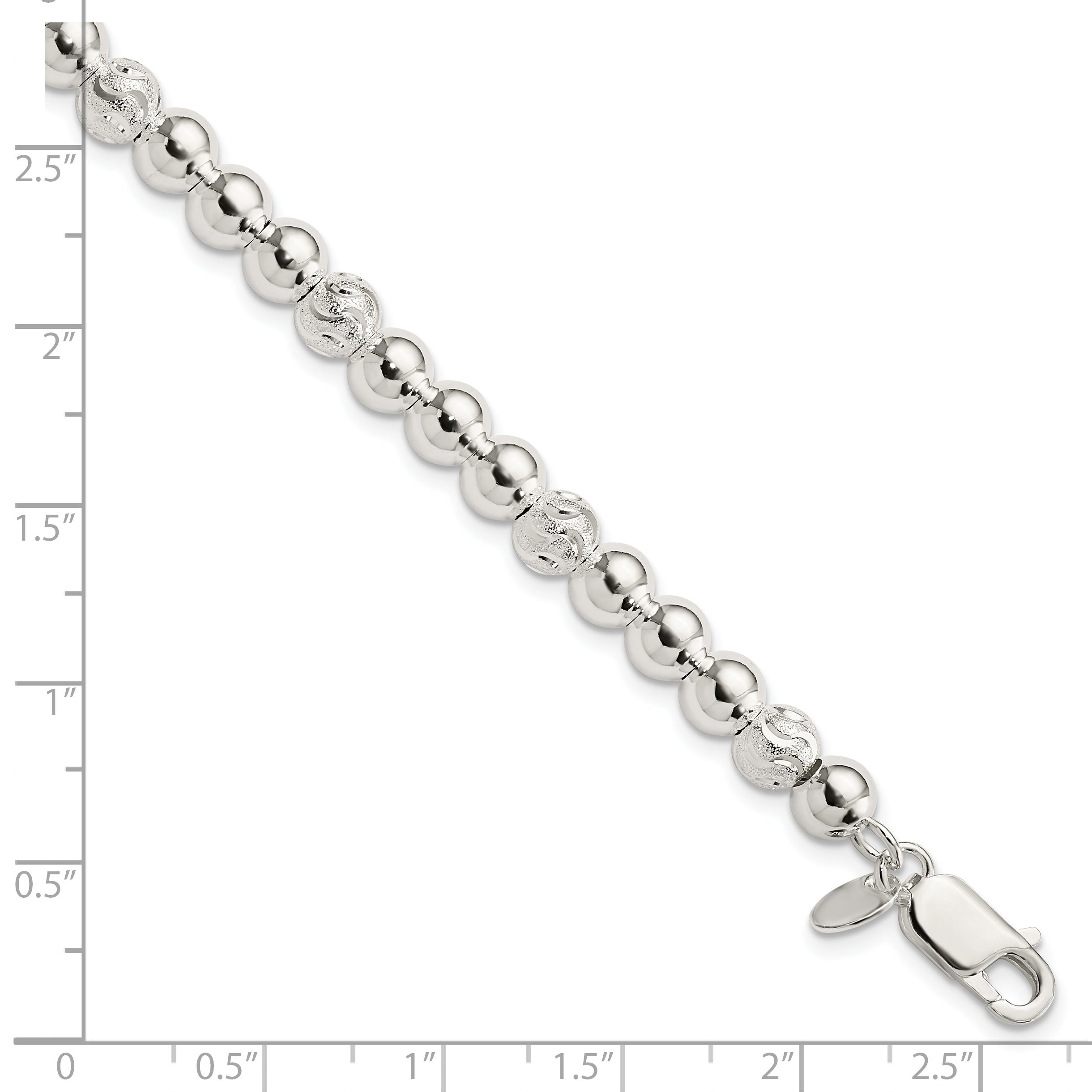 7.5 Inch Sterling Silver Polished Diamond-Cut Beaded Bracelet