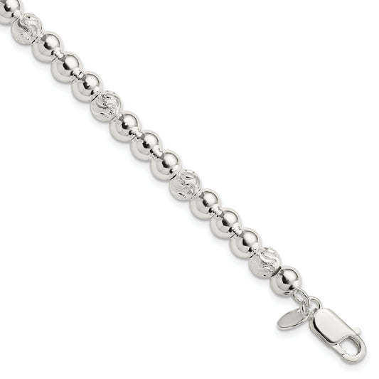 7.5 Inch Sterling Silver Polished Diamond-Cut Beaded Bracelet