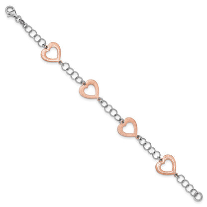 7.5 Inch Sterling Silver Rhodium-Plated Rose-Tone Heart Bracelet