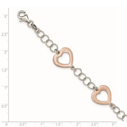 7.5 Inch Sterling Silver Rhodium-Plated Rose-Tone Heart Bracelet