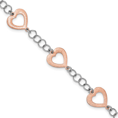 7.5 Inch Sterling Silver Rhodium-Plated Rose-Tone Heart Bracelet