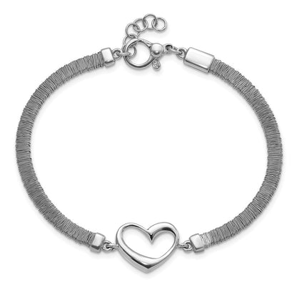 8.25 Inch Sterling Silver Polished Wire Wrapped Texture Heart W/ .75In Ext Bracelet