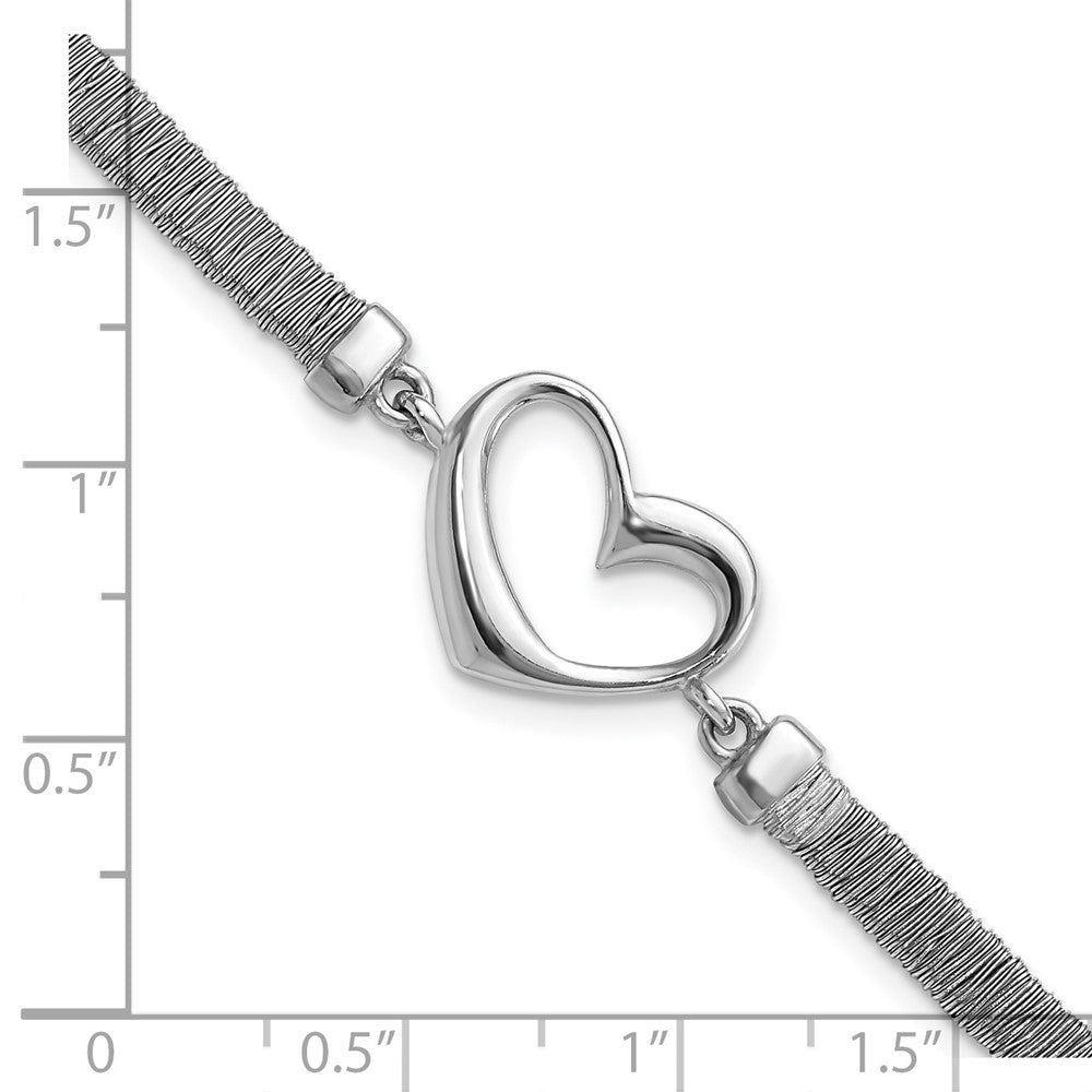 8.25 Inch Sterling Silver Polished Wire Wrapped Texture Heart W/ .75In Ext Bracelet