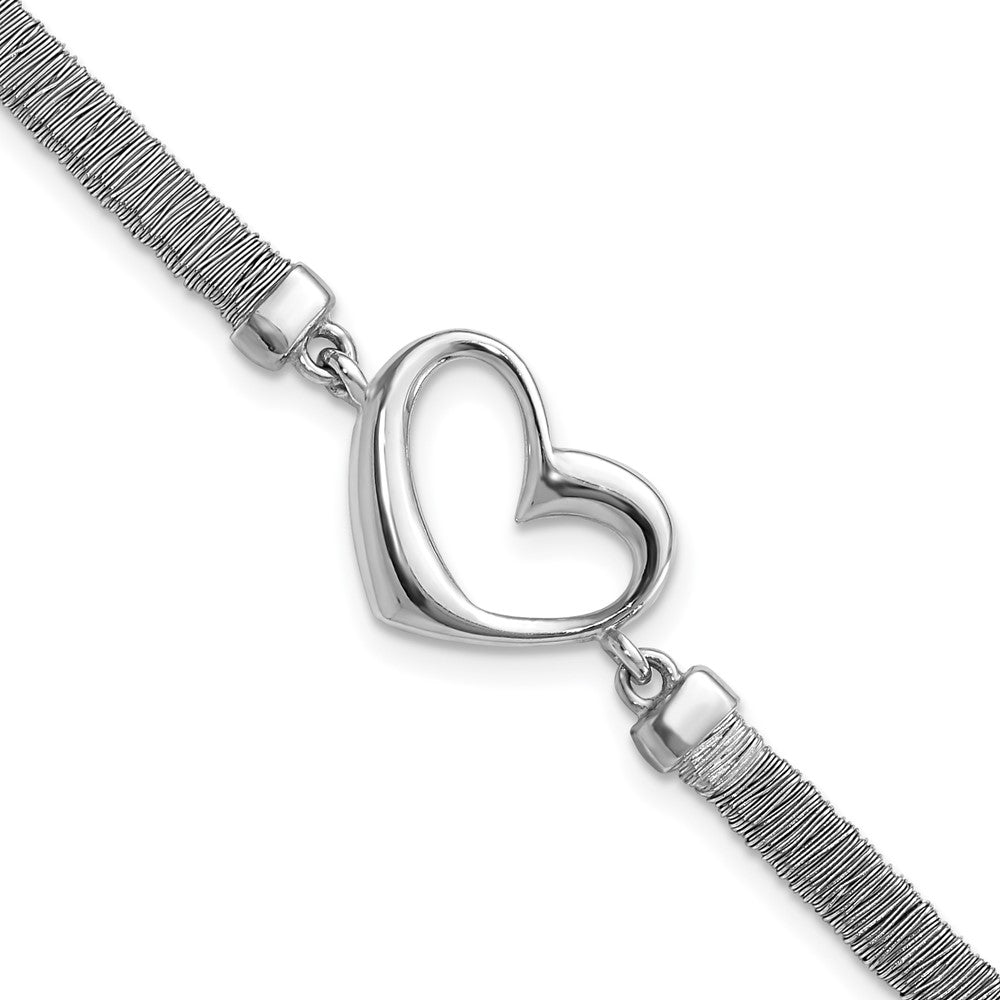 8.25 Inch Sterling Silver Polished Wire Wrapped Texture Heart W/ .75In Ext Bracelet
