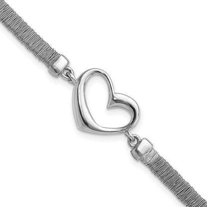 8.25 Inch Sterling Silver Polished Wire Wrapped Texture Heart W/ .75In Ext Bracelet
