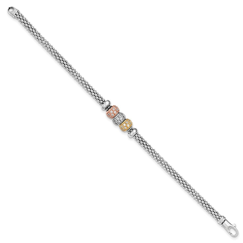 7.5 Inch Sterling Silver Rose And Yellow Gold Tone Cz Beads Mesh Bracelet