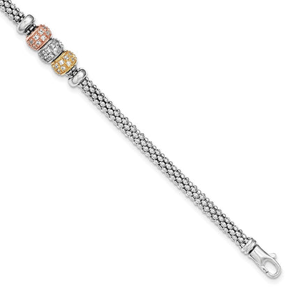 7.5 Inch Sterling Silver Rose And Yellow Gold Tone Cz Beads Mesh Bracelet