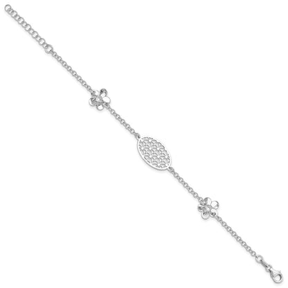7.5 Inch Sterling Silver Polished Floral W/ 1In Ext Bracelet