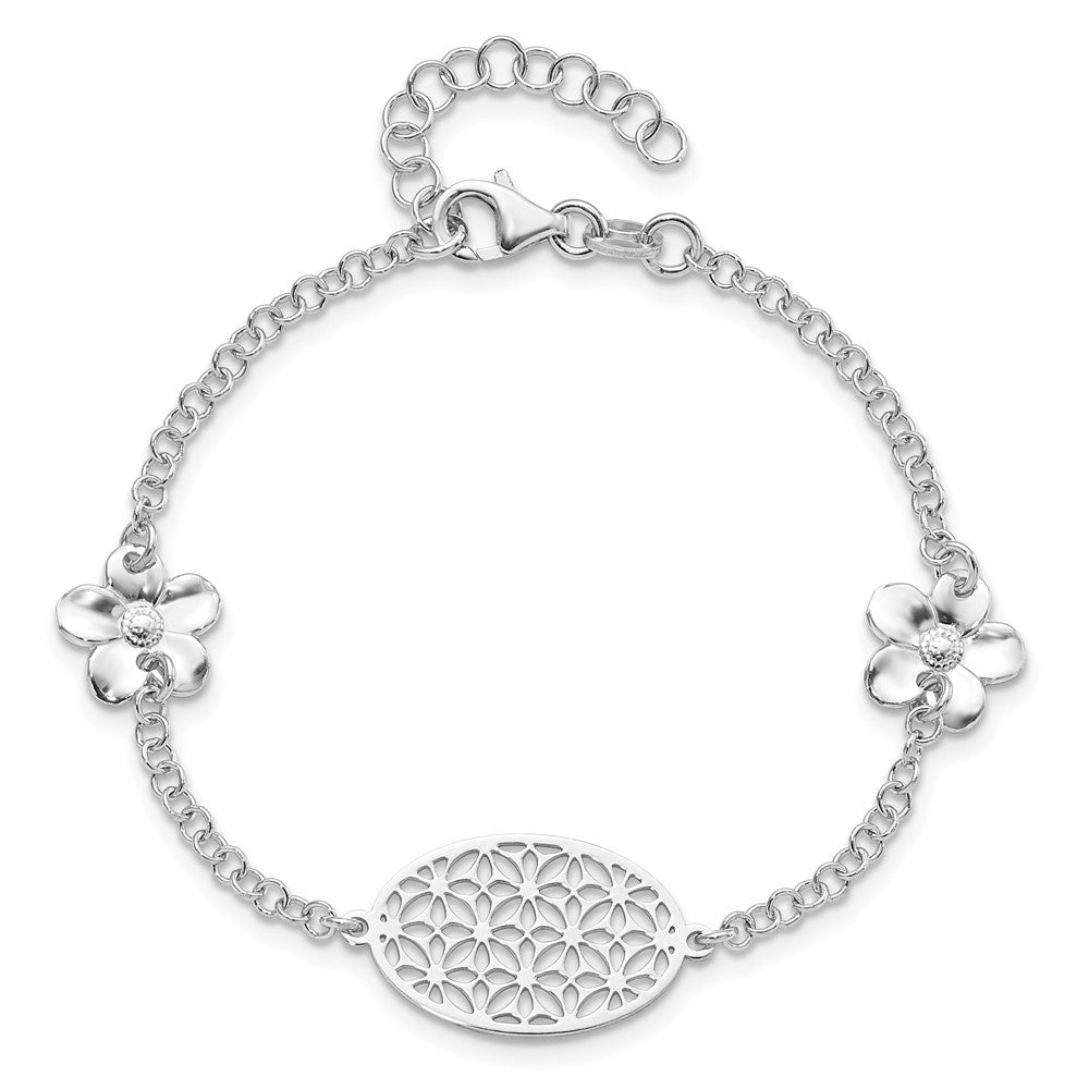 7.5 Inch Sterling Silver Polished Floral W/ 1In Ext Bracelet