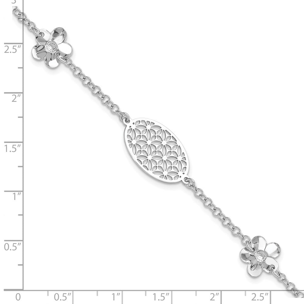 7.5 Inch Sterling Silver Polished Floral W/ 1In Ext Bracelet