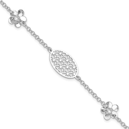 7.5 Inch Sterling Silver Polished Floral W/ 1In Ext Bracelet