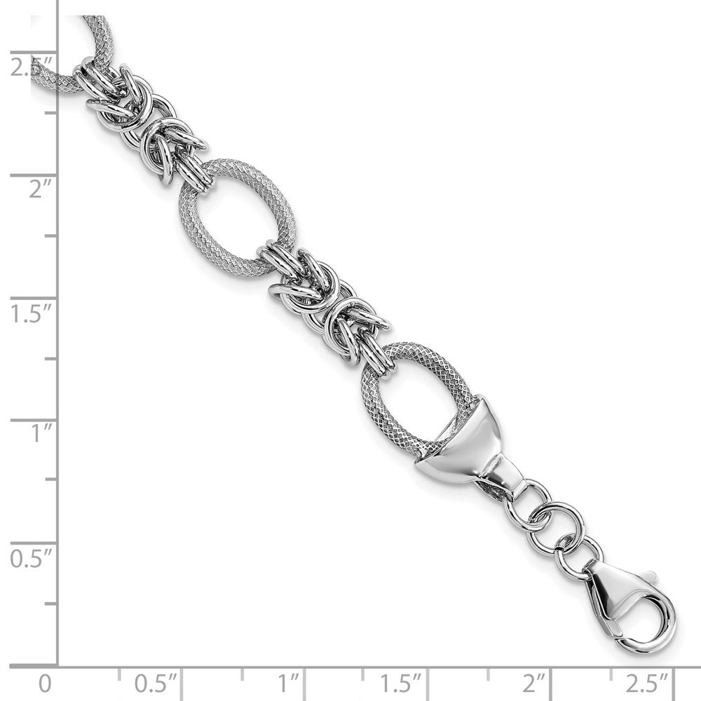 7.5 Inch Sterling Silver Rhod-Plated Polished Textured Fancy Link Bracelet