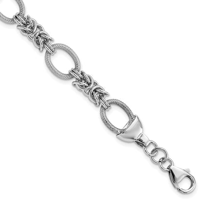 7.5 Inch Sterling Silver Rhod-Plated Polished Textured Fancy Link Bracelet