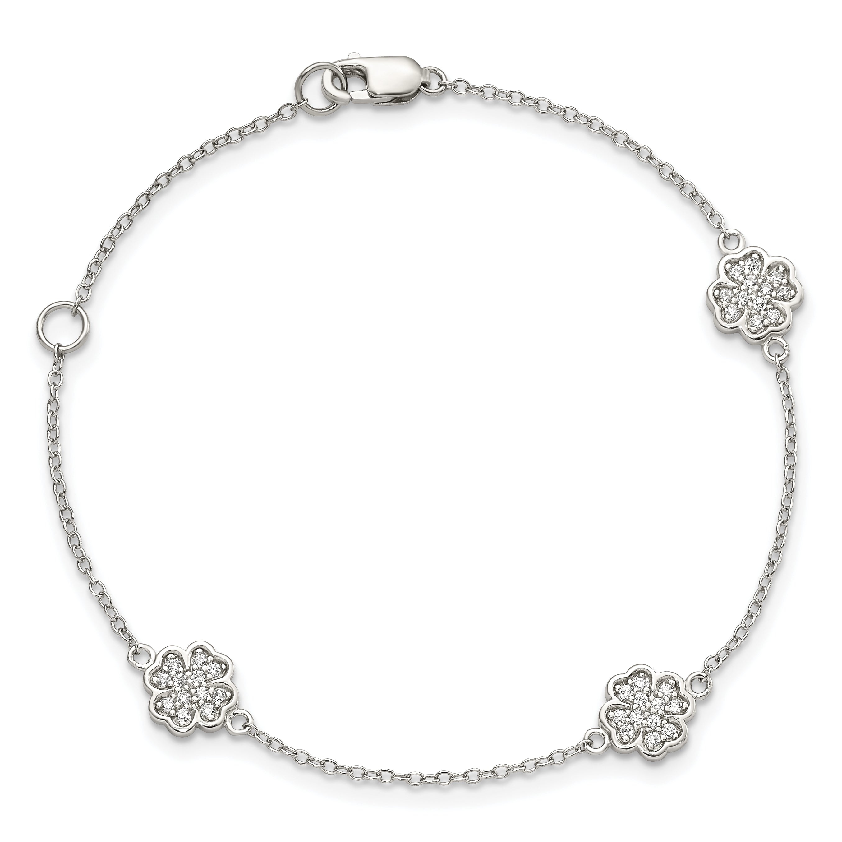 7 Inch Sterling Silver Rhodium-Plated Polished Cz Four Leaf Clover 7In Bracelet
