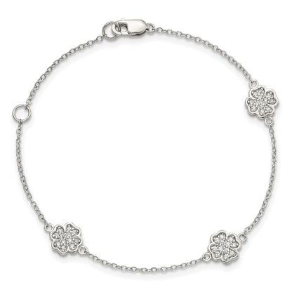 7 Inch Sterling Silver Rhodium-Plated Polished Cz Four Leaf Clover 7In Bracelet