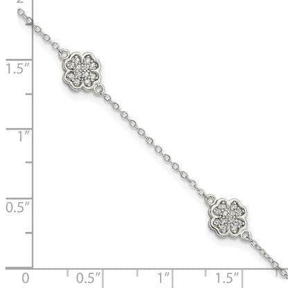 7 Inch Sterling Silver Rhodium-Plated Polished Cz Four Leaf Clover 7In Bracelet