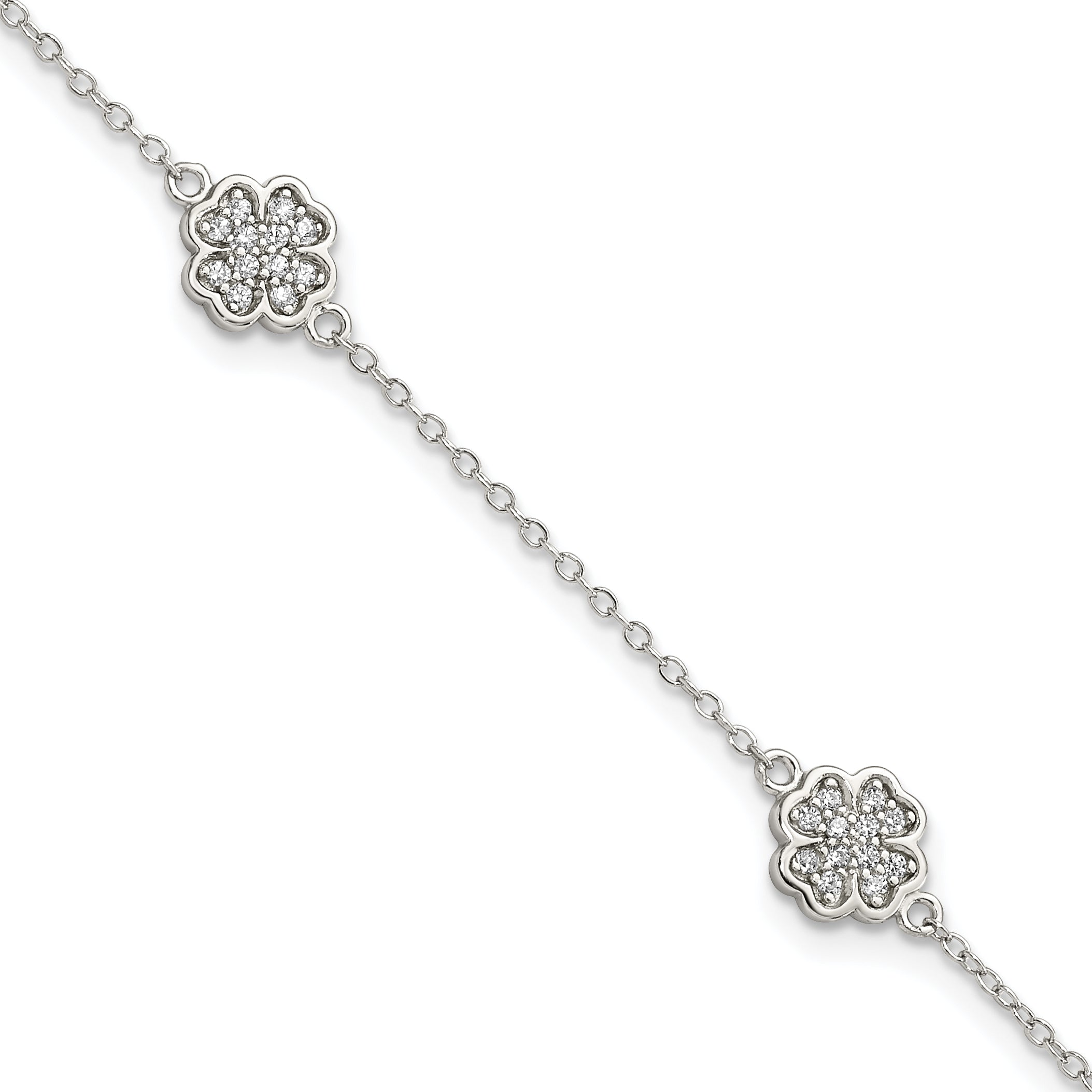 7 Inch Sterling Silver Rhodium-Plated Polished Cz Four Leaf Clover 7In Bracelet