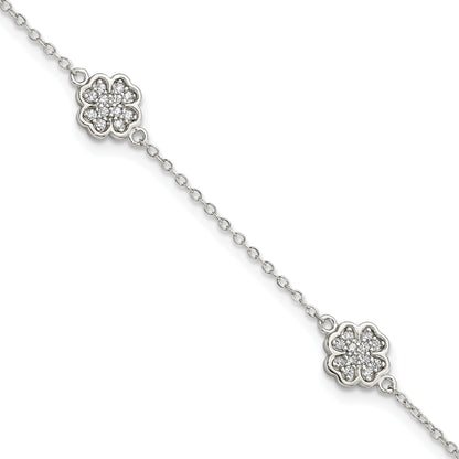 7 Inch Sterling Silver Rhodium-Plated Polished Cz Four Leaf Clover 7In Bracelet