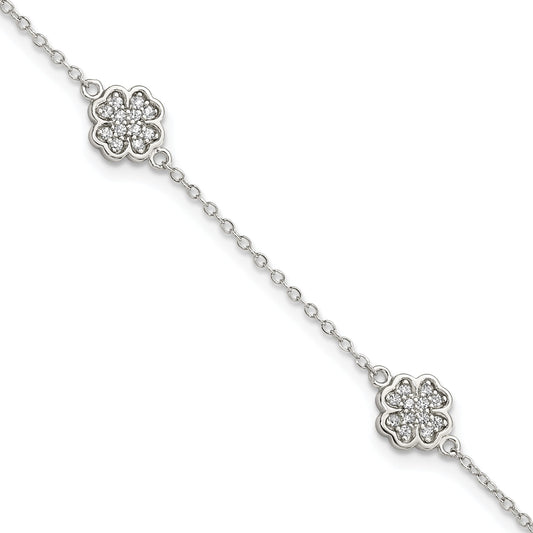 7 Inch Sterling Silver Rhodium-Plated Polished Cz Four Leaf Clover 7In Bracelet