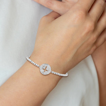 Sterling Silver Rhodium-Plated Cz Cross Polished Beaded Stretch Bracelet