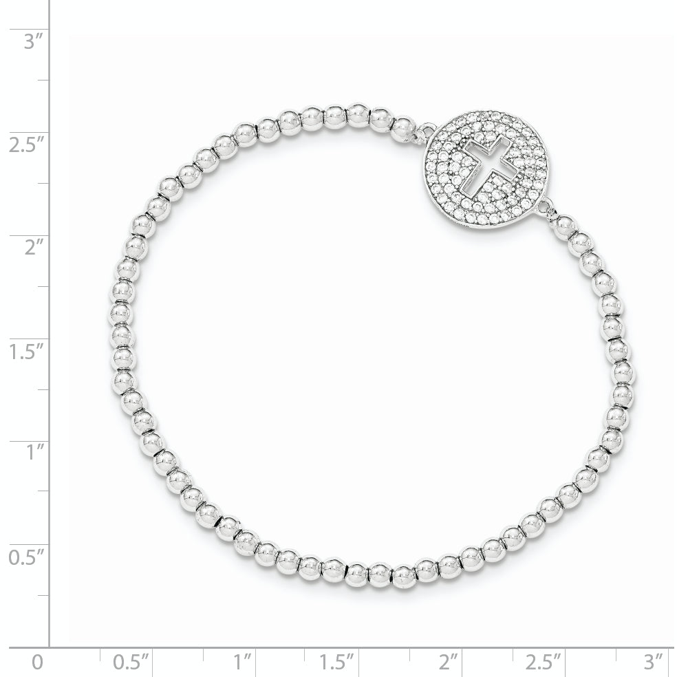 Sterling Silver Rhodium-Plated Cz Cross Polished Beaded Stretch Bracelet