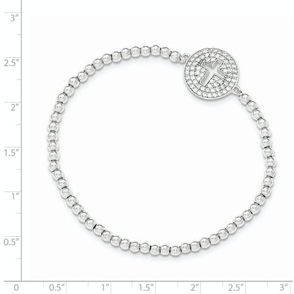 Sterling Silver Rhodium-Plated Cz Cross Polished Beaded Stretch Bracelet