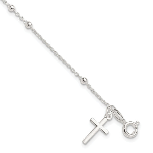 7.5 Inch Sterling Silver Beaded Cross Charm Bracelet