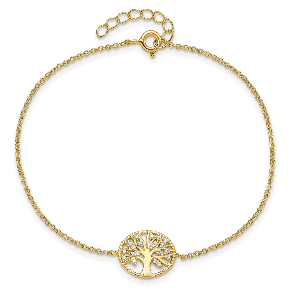 7 Inch Sterling Silver Polished Gold-Plated Tree With Cz Bracelet