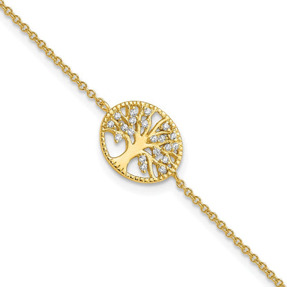 7 Inch Sterling Silver Polished Gold-Plated Tree With Cz Bracelet