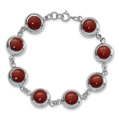 7 Inch Sterling Silver Polished Round Red Synthetic Coral Bracelet