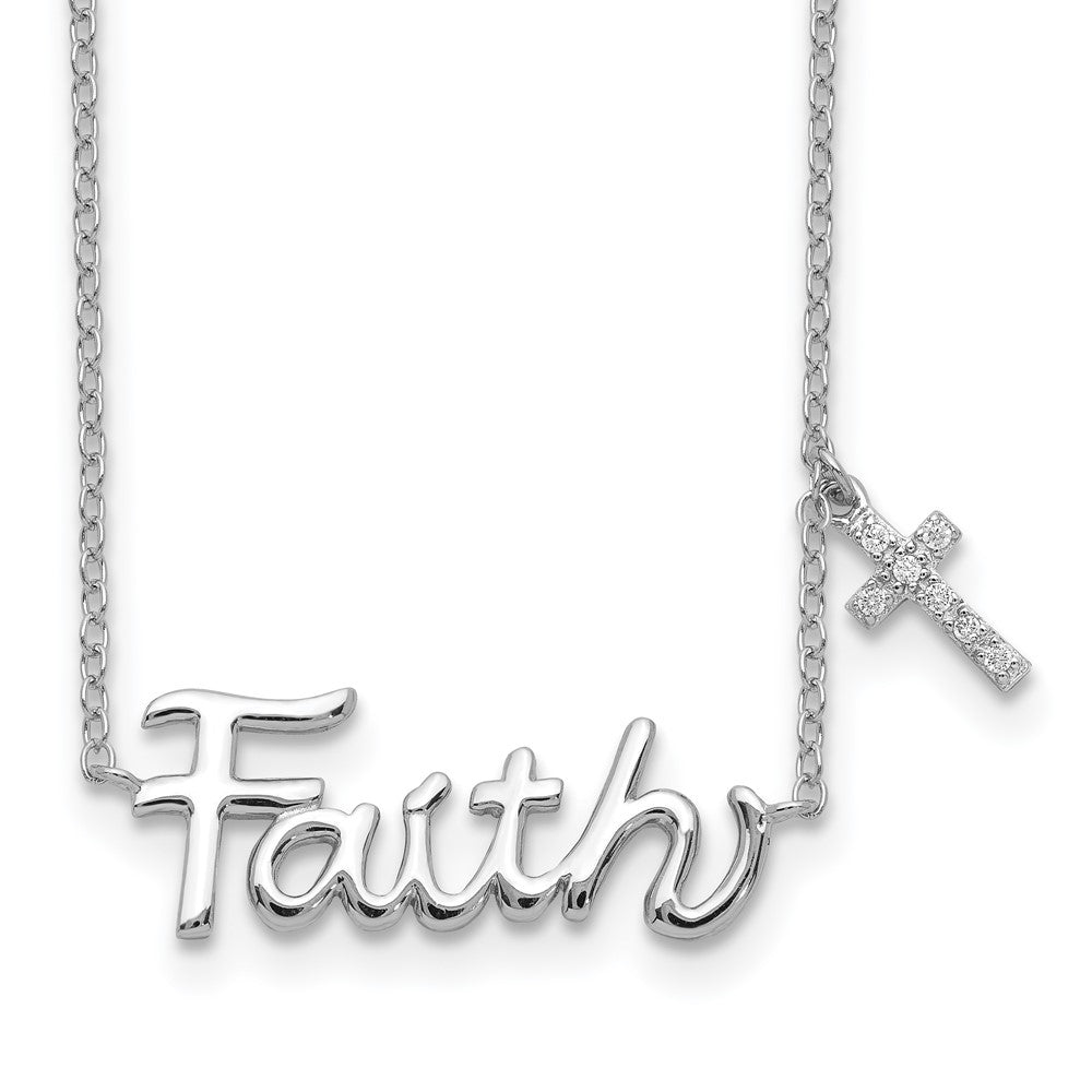 Sterling Silver Rhodium-Plated Faith W/Cz Cross Charm Necklace