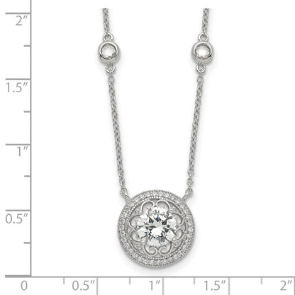 Sterling Silver Rh-Plated Round Cz Pendant W/2In. Ext. 4-Station Necklace