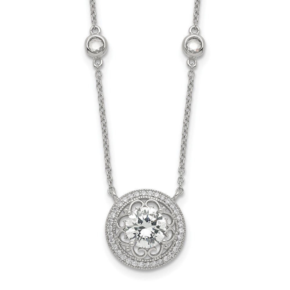 Sterling Silver Rh-Plated Round Cz Pendant W/2In. Ext. 4-Station Necklace