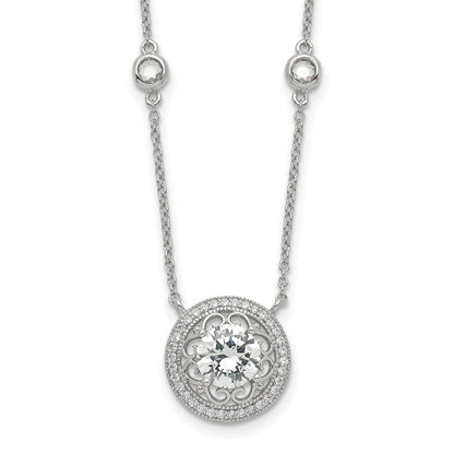 Sterling Silver Rh-Plated Round Cz Pendant W/2In. Ext. 4-Station Necklace