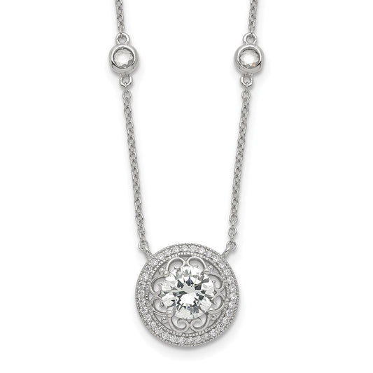 Sterling Silver Rh-Plated Round Cz Pendant W/2In. Ext. 4-Station Necklace