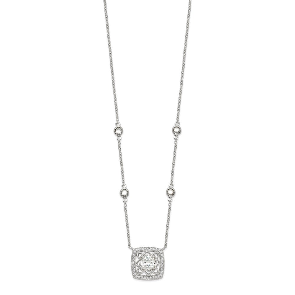 Sterling Silver Rhod-Pltd Square Cz Pendant W/2In Ext 4-Station Necklace