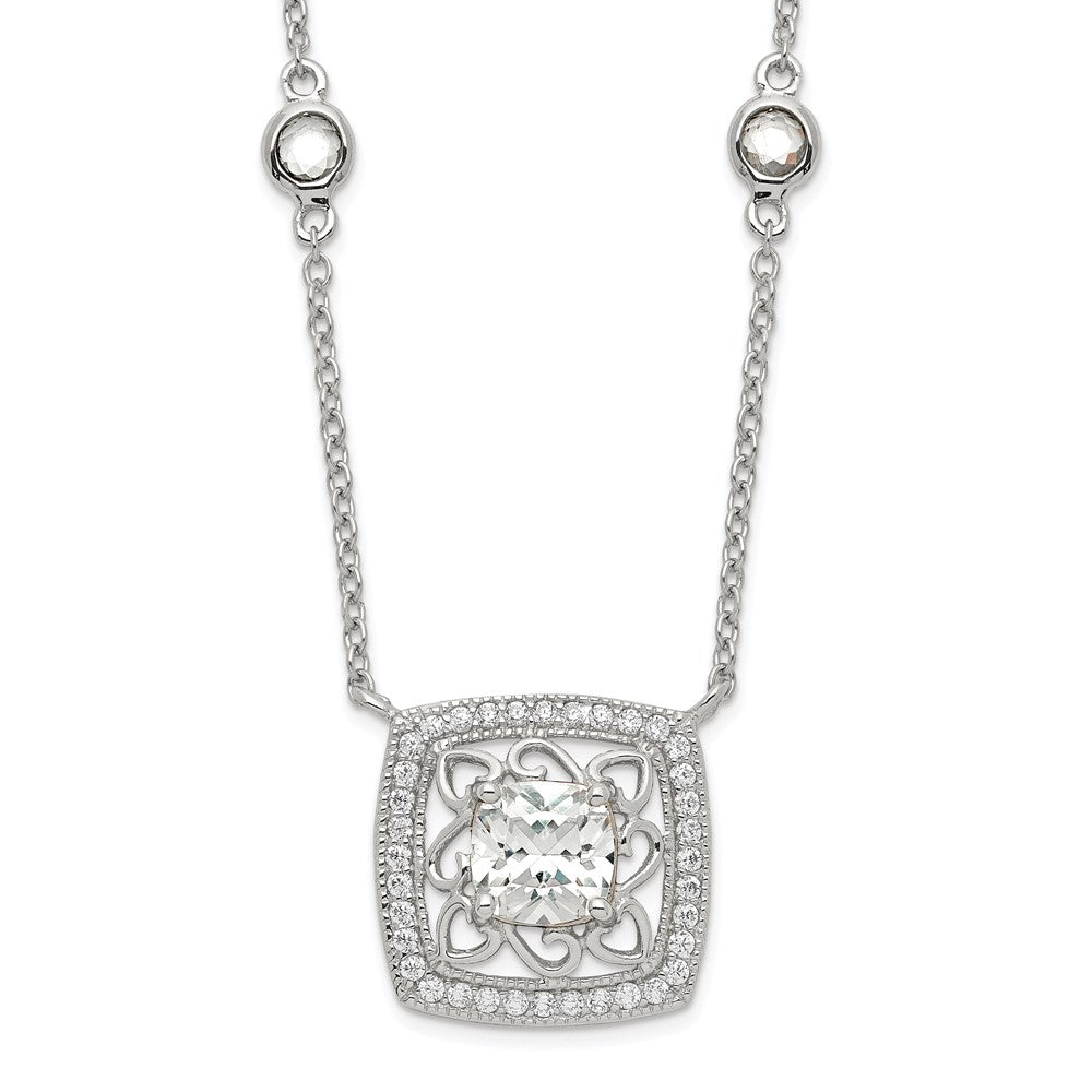 Sterling Silver Rhod-Pltd Square Cz Pendant W/2In Ext 4-Station Necklace