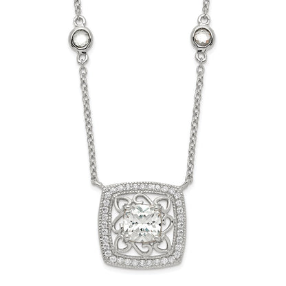 Sterling Silver Rhod-Pltd Square Cz Pendant W/2In Ext 4-Station Necklace