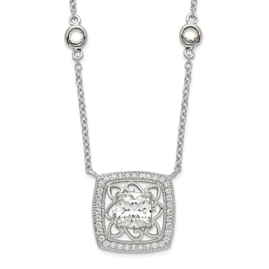 Sterling Silver Rhod-Pltd Square Cz Pendant W/2In Ext 4-Station Necklace