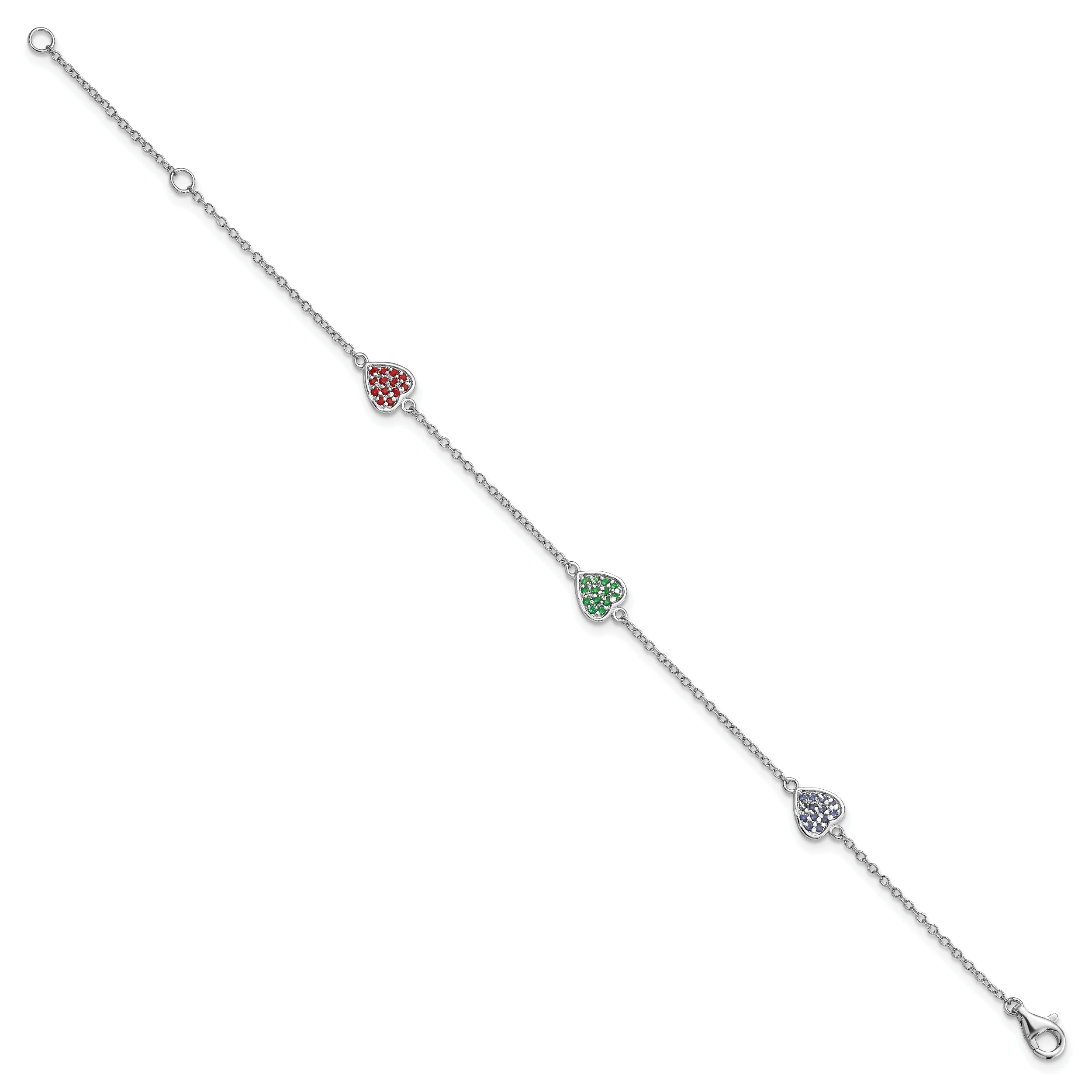 7 Inch Sterling Silver Rhodium-Plated Red, Green And Blue Glass Hearts With 1 Extension Bracelet