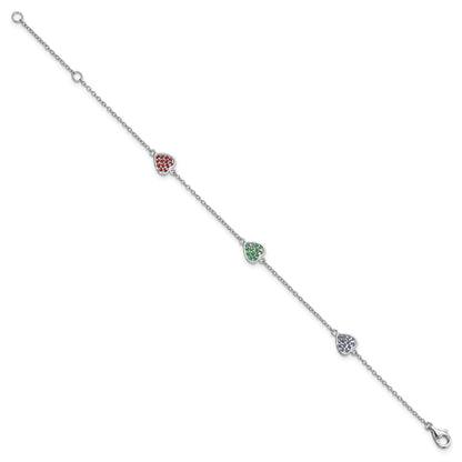 7 Inch Sterling Silver Rhodium-Plated Red, Green And Blue Glass Hearts With 1 Extension Bracelet