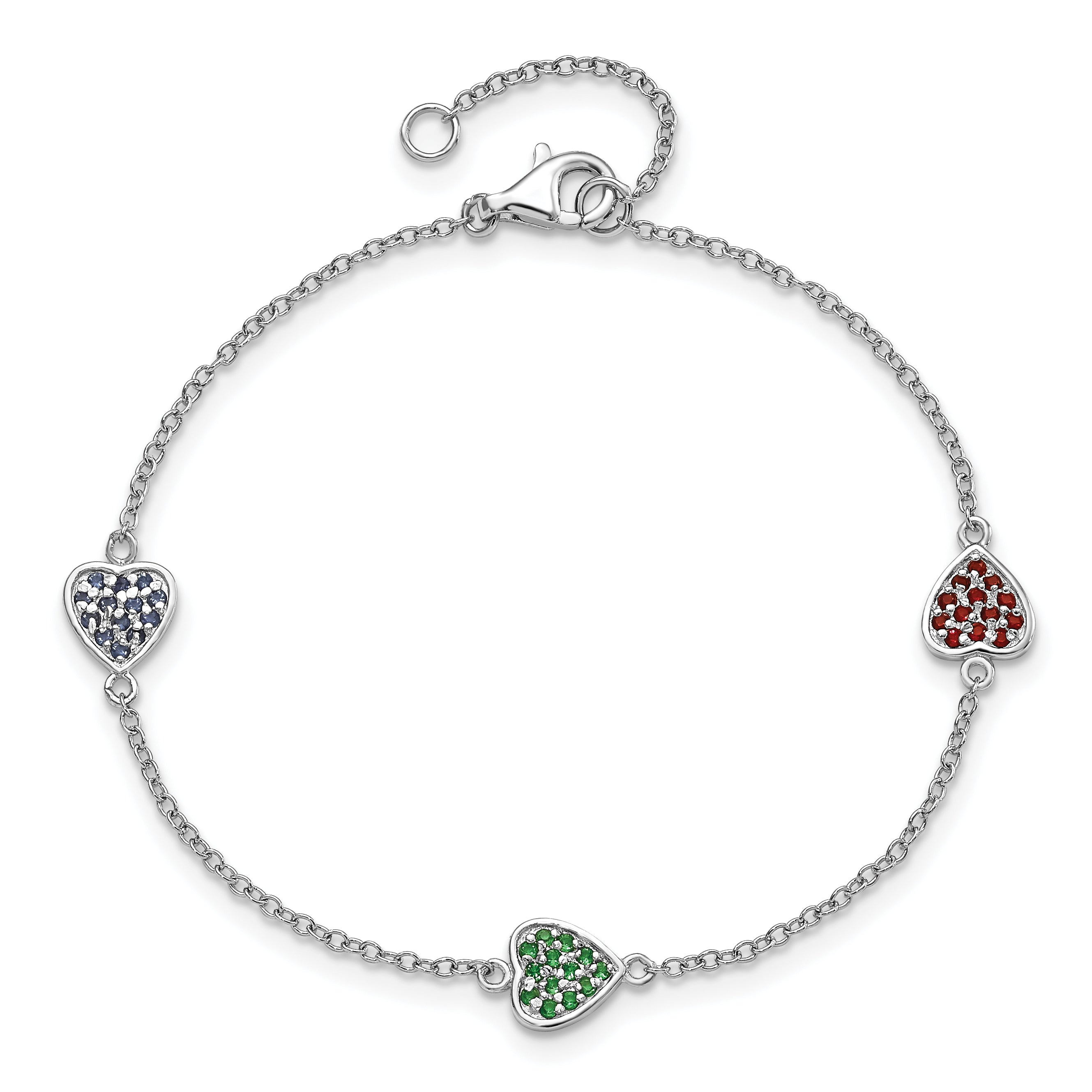 7 Inch Sterling Silver Rhodium-Plated Red, Green And Blue Glass Hearts With 1 Extension Bracelet