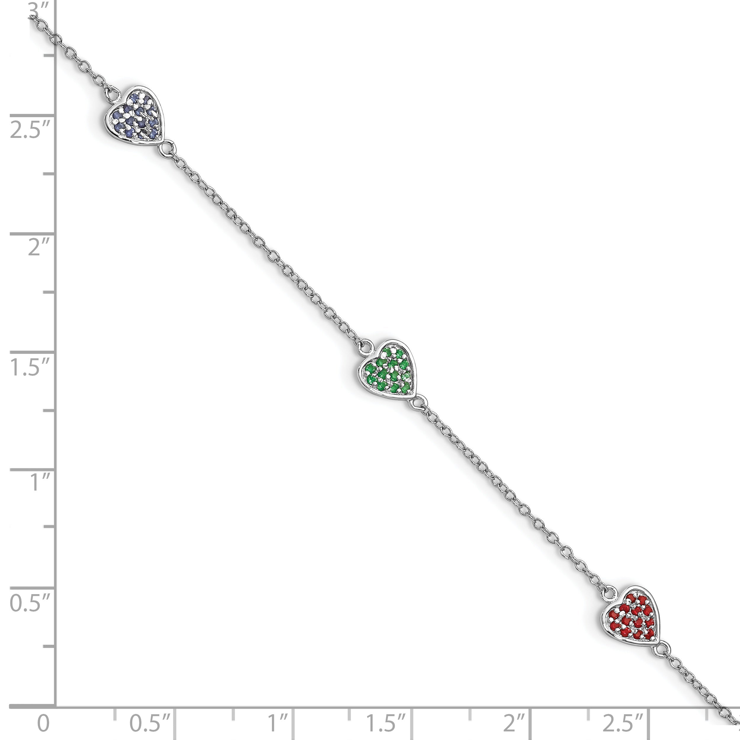 7 Inch Sterling Silver Rhodium-Plated Red, Green And Blue Glass Hearts With 1 Extension Bracelet