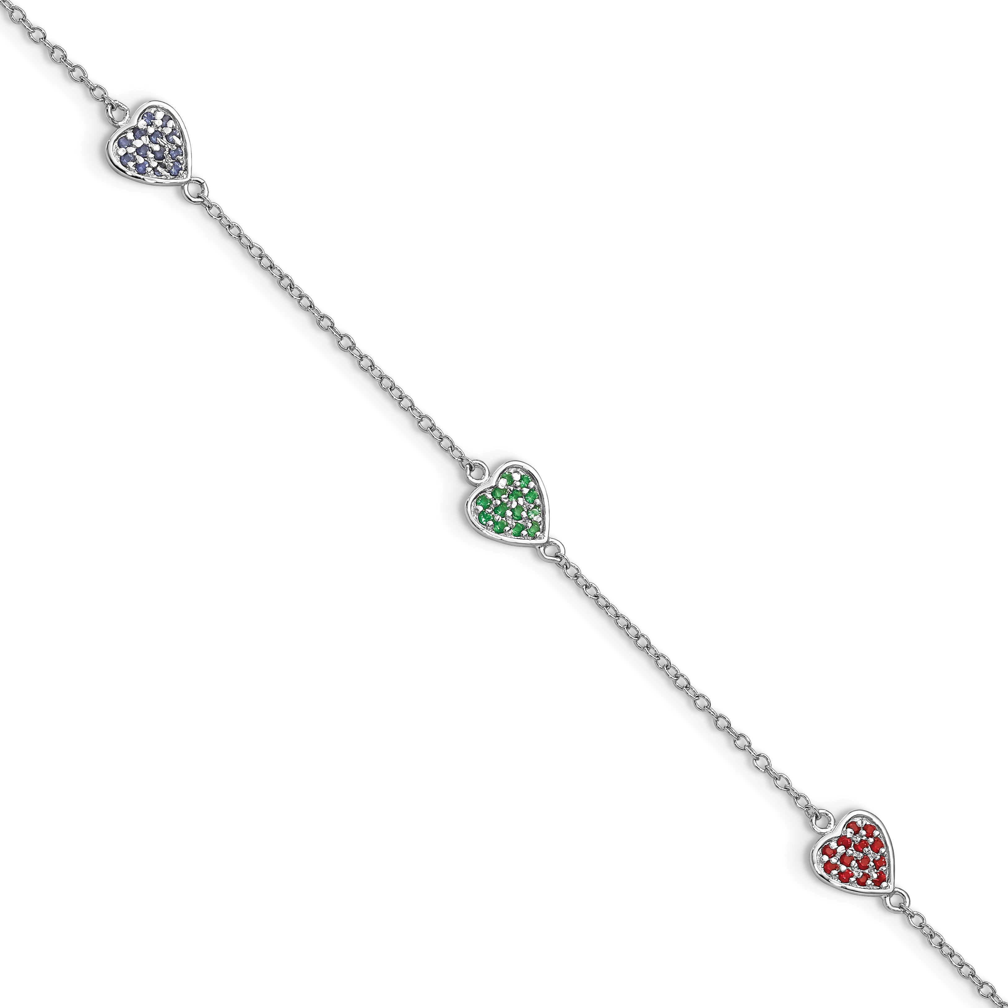 7 Inch Sterling Silver Rhodium-Plated Red, Green And Blue Glass Hearts With 1 Extension Bracelet