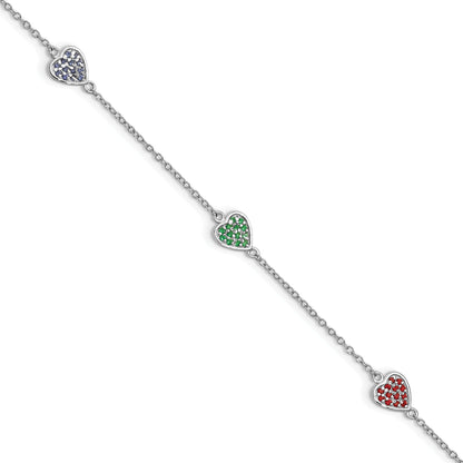7 Inch Sterling Silver Rhodium-Plated Red, Green And Blue Glass Hearts With 1 Extension Bracelet
