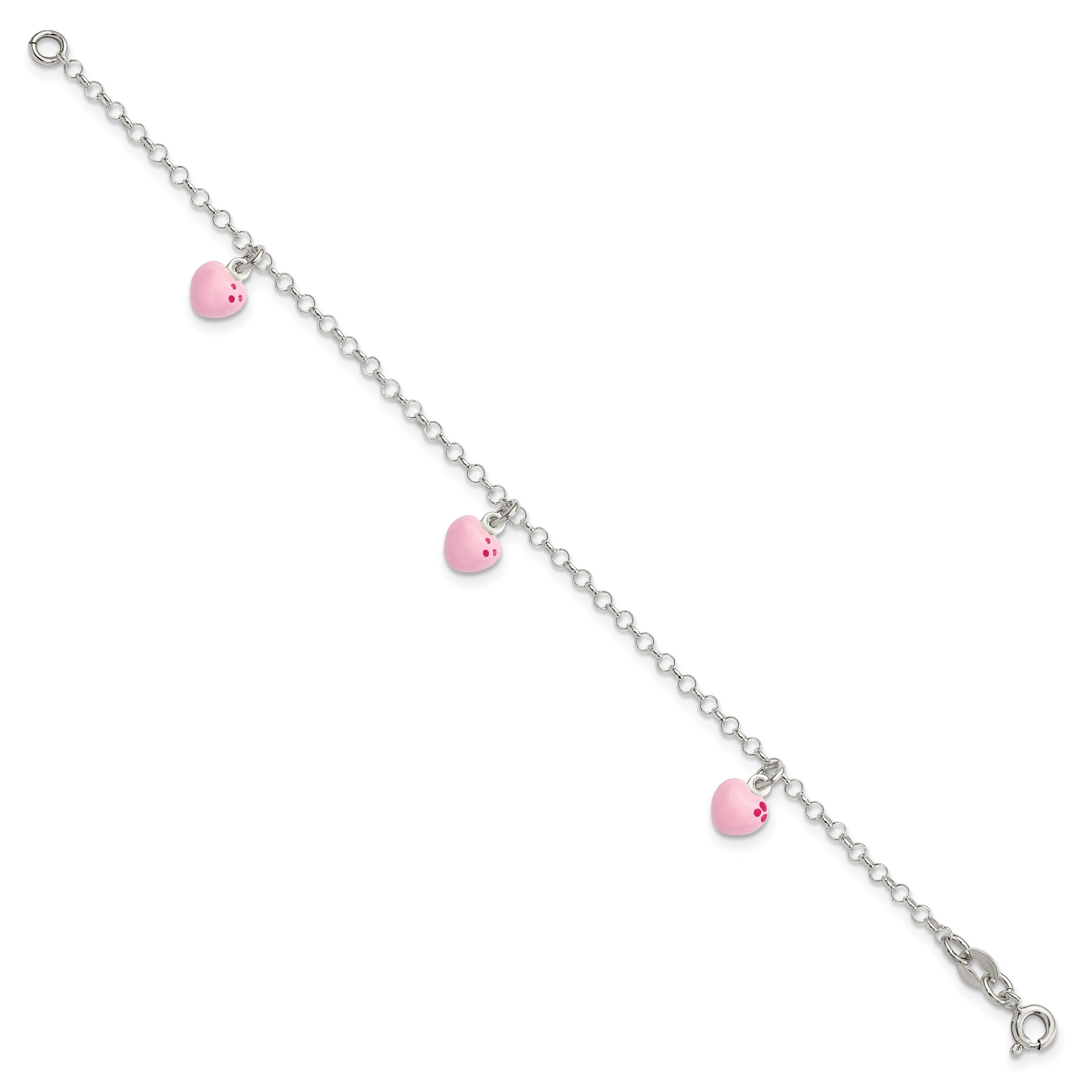 6 Inch Sterling Silver Polished Pink Enameled Hearts Children'S Bracelet