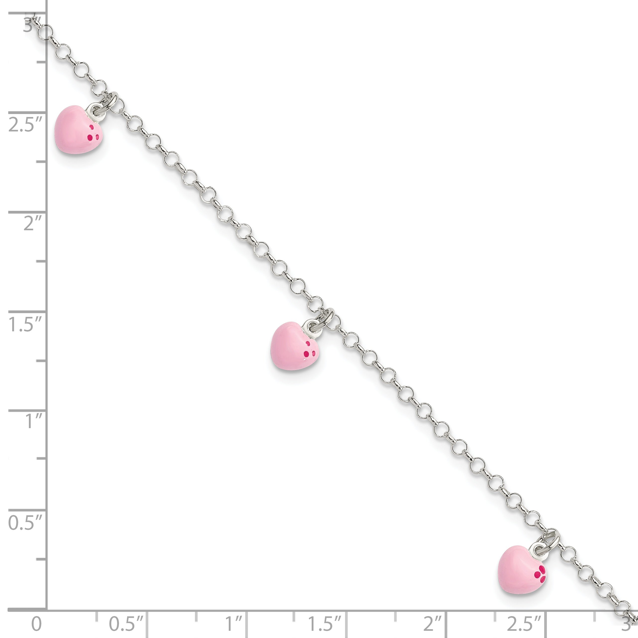 6 Inch Sterling Silver Polished Pink Enameled Hearts Children'S Bracelet